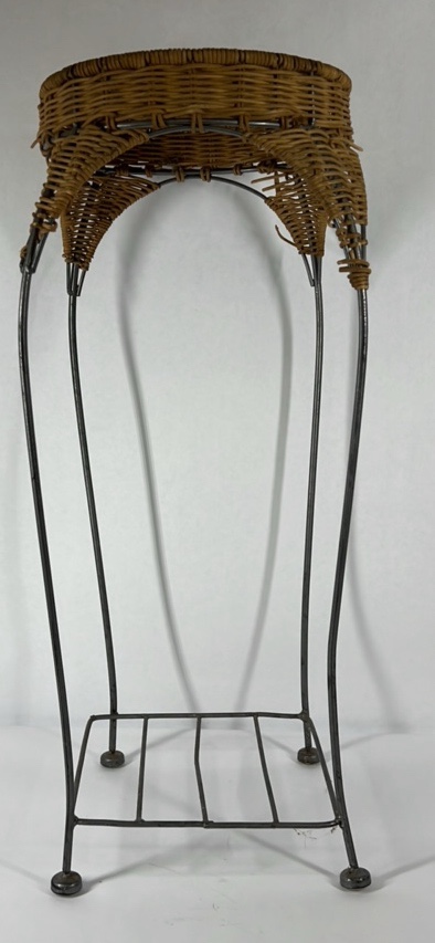 Vintage Wicker Plant Stand Metal Frame Tall Indoor Outdoor Basket Top Stand