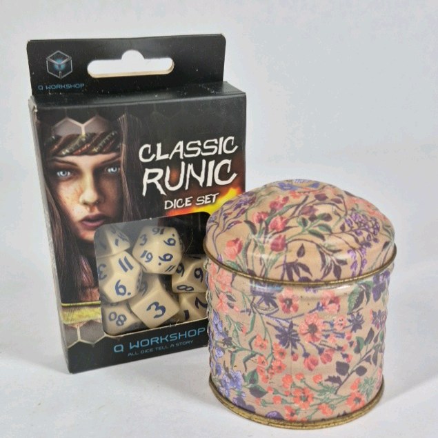 Classic Runic Dice Set Q Workshop With Decorative Tin And Stones