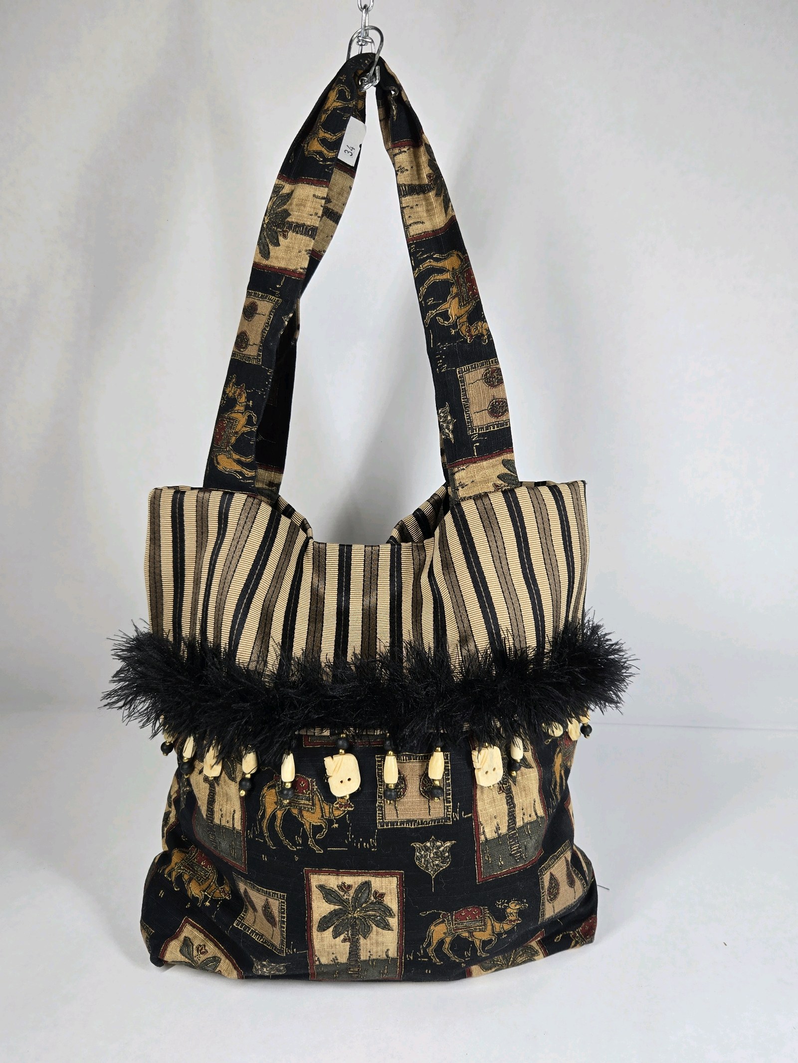 Vintage Style Fabric Shoulder Bag Camel Palm Tree Print Fringe Trim Purse