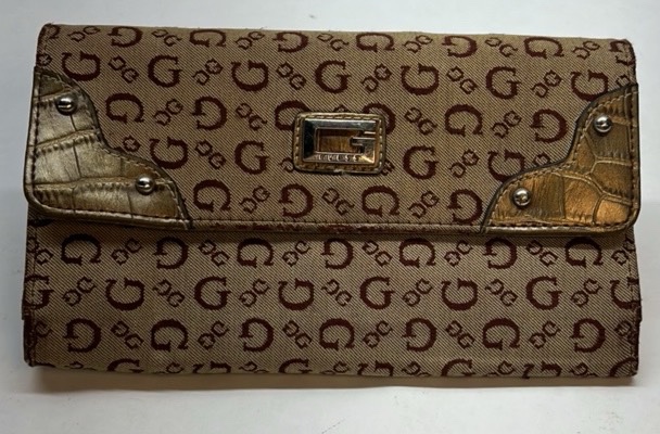 Guess Monogram Wallet Brown Logo Pattern Clutch Organizer Zip Around