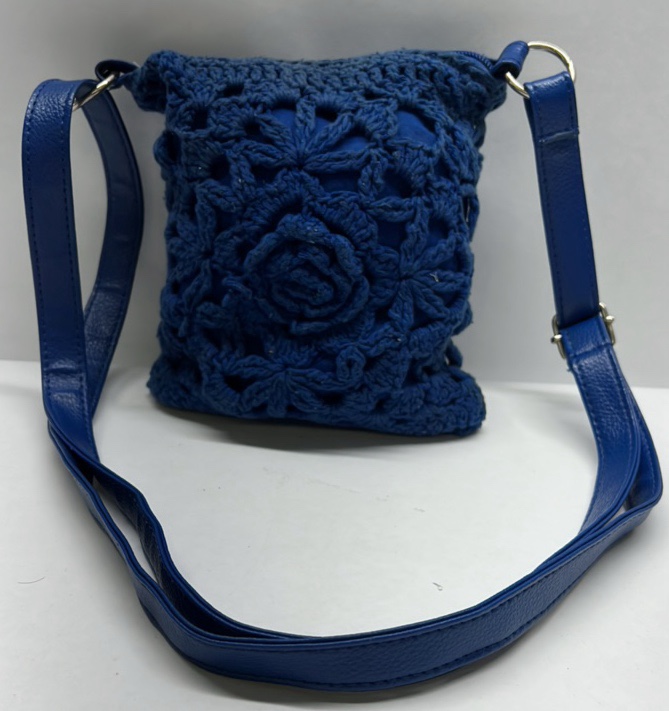 Blue Crochet Crossbody Bag Floral Knit Purse Adjustable Strap