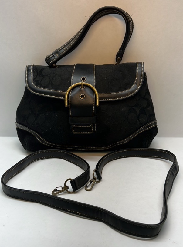 Coach Signature Black Shoulder Bag Canvas Leather Trim Buckle Flap Purse