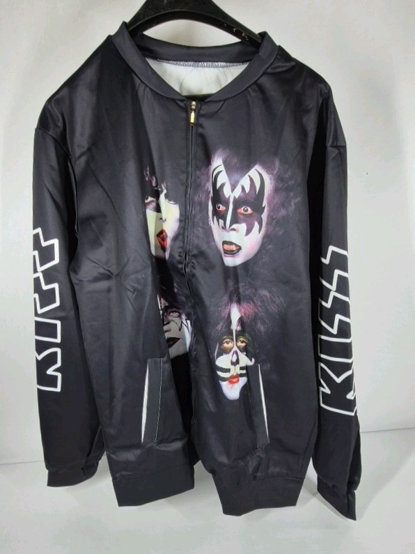 KISS Band Bomber Jacket Black Zip Up Graphic Logo Lightweight XXL