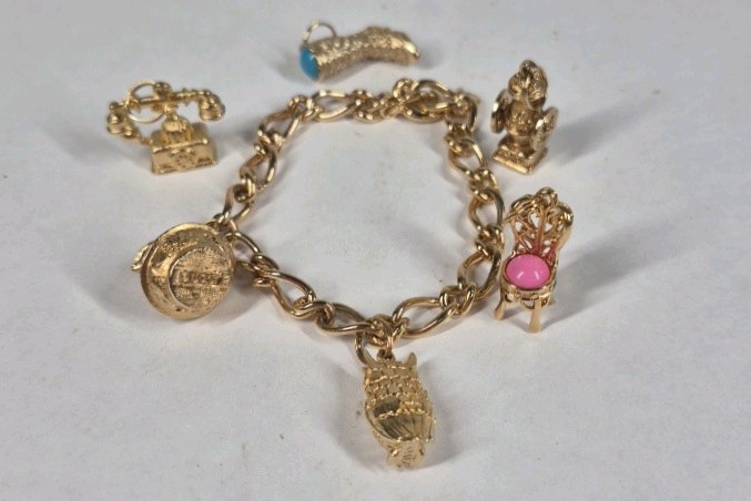 Gold Tone Charm Bracelet Owl Chair Telephone Figural Dangle Jewelry