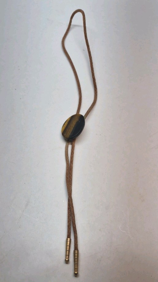 Vintage Bolo Tie Tiger Eye Stone Western Cord Necklace Gold Tone Tips