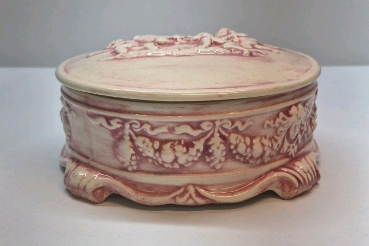 Vintage Relief Cherub Trinket Box Pink White Ceramic Decorative Lidded Dish