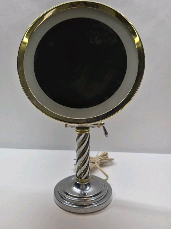 Vintage Lighted Vanity Makeup Mirror Tabletop Swivel Chrome Gold Tone Spiral Stand