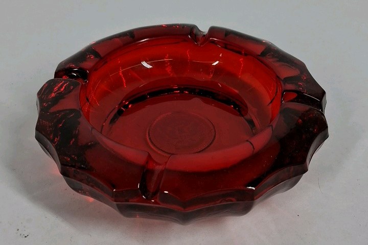 Vintage Ruby Red Glass Ashtray Eagle Motif Pressed Glass Heavy Round