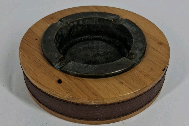 Vintage Wooden Ashtray Metal Insert Round Mid Century Tabletop Smoking Dish