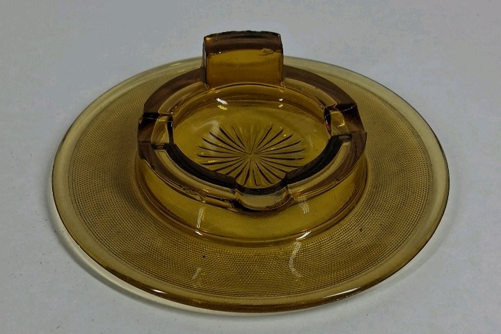 Vintage Amber Glass Ashtray With Matching Plate Set Mid Century Pressed Glass
