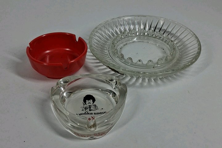 Vintage Ashtray Lot Glass Pressed Clear Advertising Vodka Plastic Red