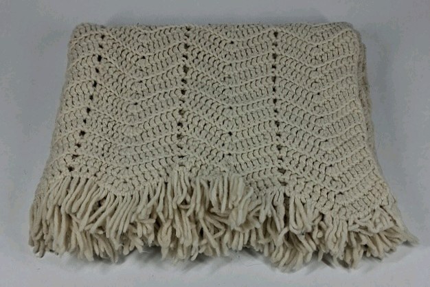 Handmade Crochet Throw Blanket Cream Knit Fringe Edge