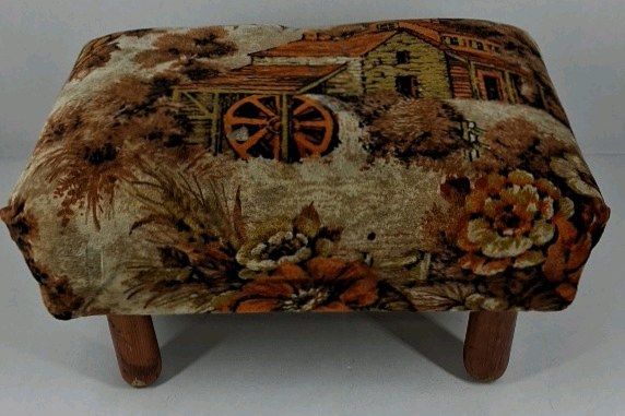 Handmade Upholstered Footstool Floral Fabric Wooden Legs Dated Base