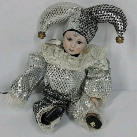 Vintage Porcelain Clown Doll Harlequin Costume Silver Jester Hat Bells