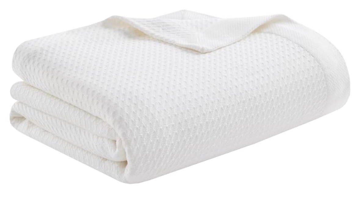 FullQueen  Madison Park 100% Egyptian Cotton Lightweight Summer Blanket, Breathable Waffle Knit Design, Soft Cozy All-Season Throw for Bed, Couch or Sofa, White Color FullQueen Size (90x90)