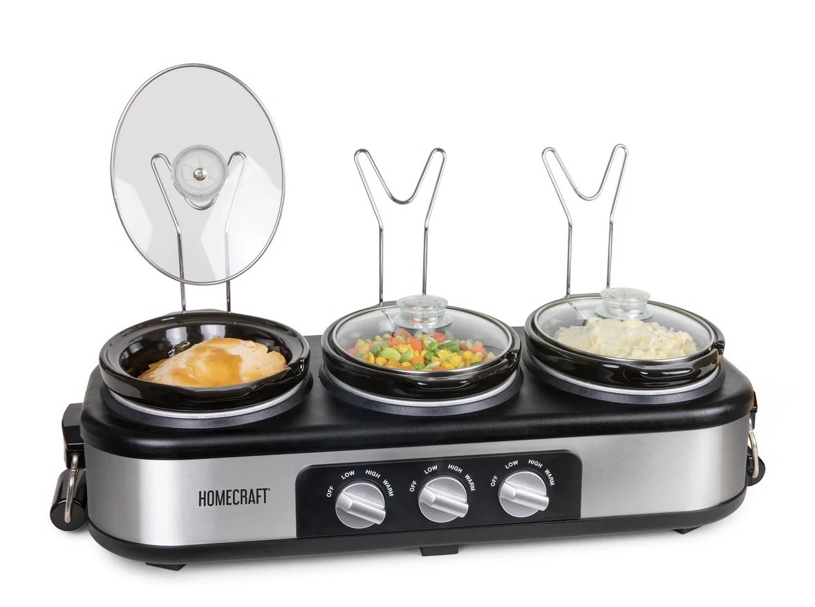 Nostalgia Stainless Steel 3-Station 1.5-Quart Oval Slow Cooker Buffet, With Lid & Spoon Rest, Adjustable Heat Control, Perfect for Parties, Holidays, Families