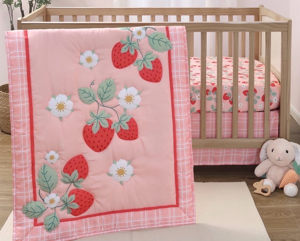 The Peanutshell 3 Piece Strawberry Sweet Baby Crib Bedding Set for Girls, Pink Crib Set, Baby Crib Comforter Set, Crib Accessories Girl, Newborn, Infant & Toddler Girl Bedding Set - Nursery Decor
