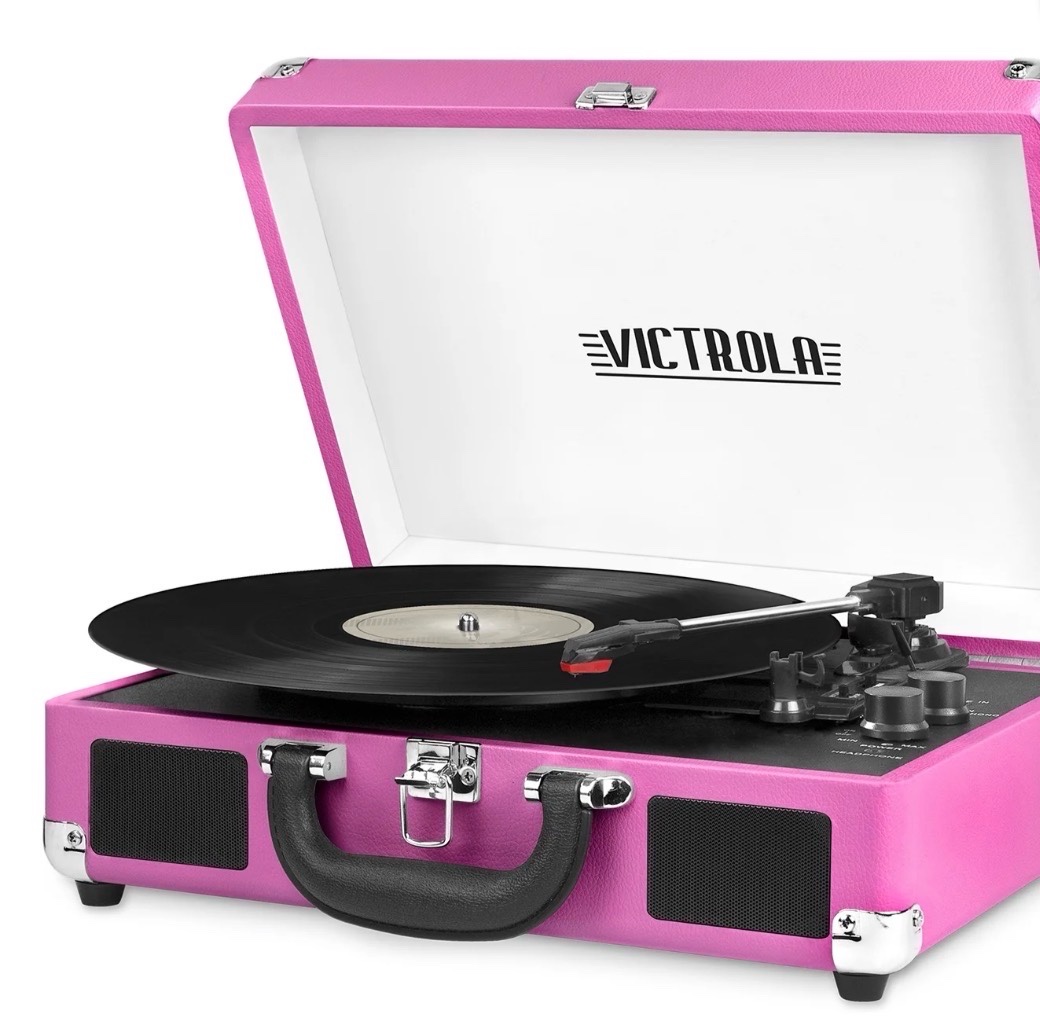Victrola Bluetooth Suitcase Record Player with 3-speed Turntable Pink Color