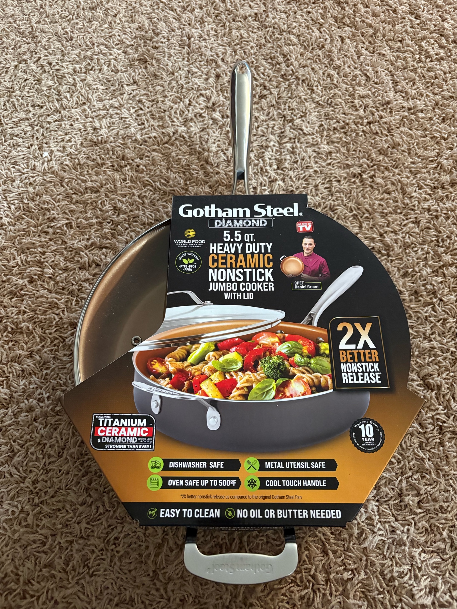 Gotham Steel Diamond Nonstick Heavy Duty Ceramic Jumvo Cooker With Lid, 5.5 qt. size, Pan Dishwasher Safe