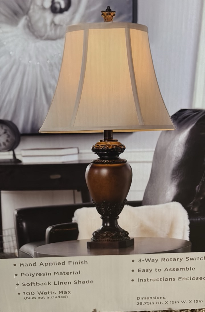 Sienna Table Lamp 26.75in x 15in x 15in Elegant Hand Applied Finish, Polyresign Material 100 Watts Max (bulb not included)