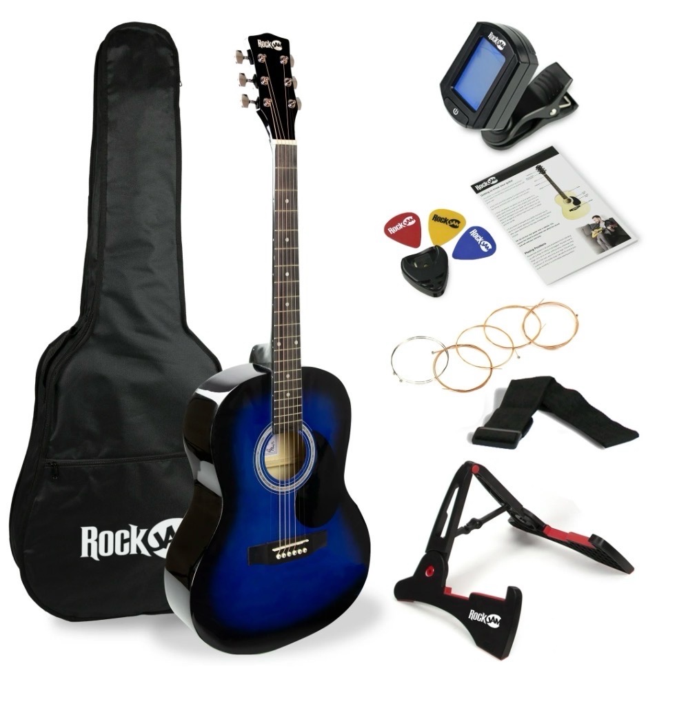 RockJam Blue Acoustic Guitar Kit with Guitar Tuner, Guitar Bag & Guitar Stand