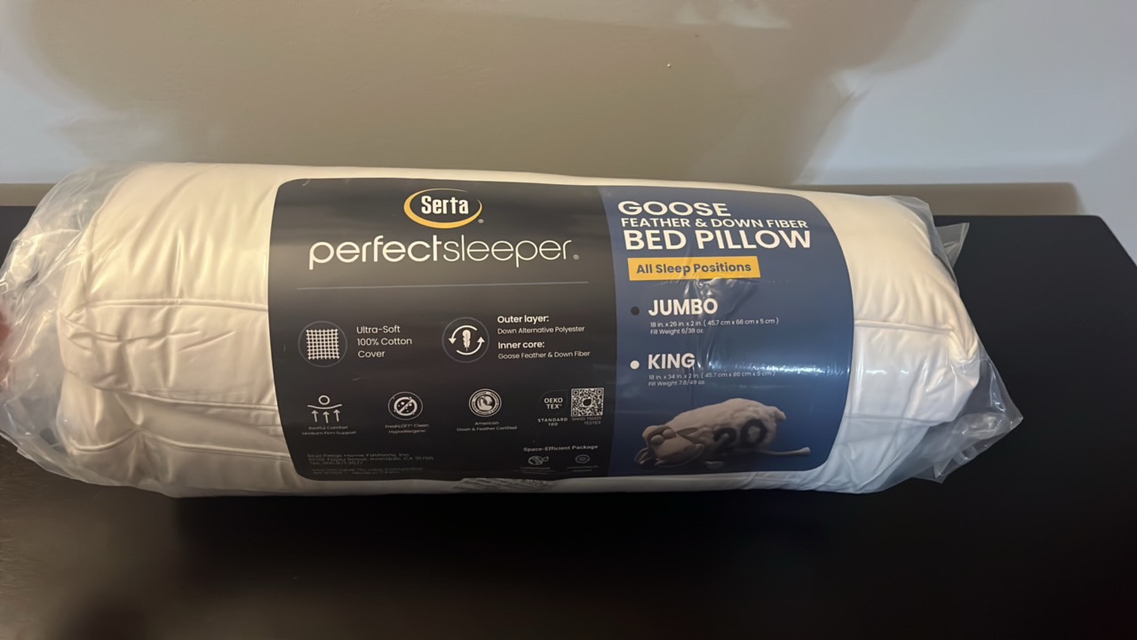 SERTA Pillow  White Goose Feather & Down Fiber Pillow, Jumbo,BRAND NEW for Back, Stomach or Side Sleepers