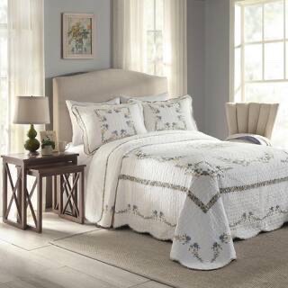 Queen  Heather White Queen Embroidered Cotton Bedspread