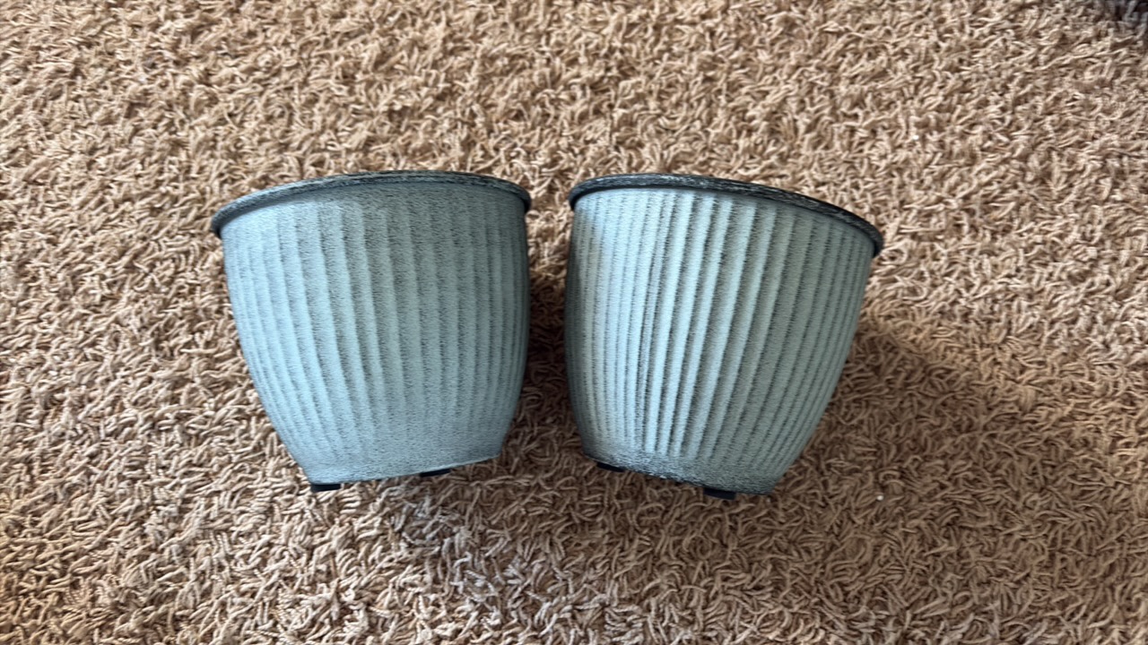 Natural IronStone GardenFlower Pots, Two Small Pots 6 Inches Wide 0.4 Gallon Size Blue Steele Color With Decorative Lines