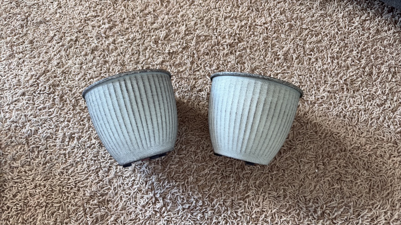 Natural IronStone GardenFlower Pots, Two Small Pots 6 Inches Wide 0.4 Gallon Size Light Brown Tannish Color With Decorative Lines