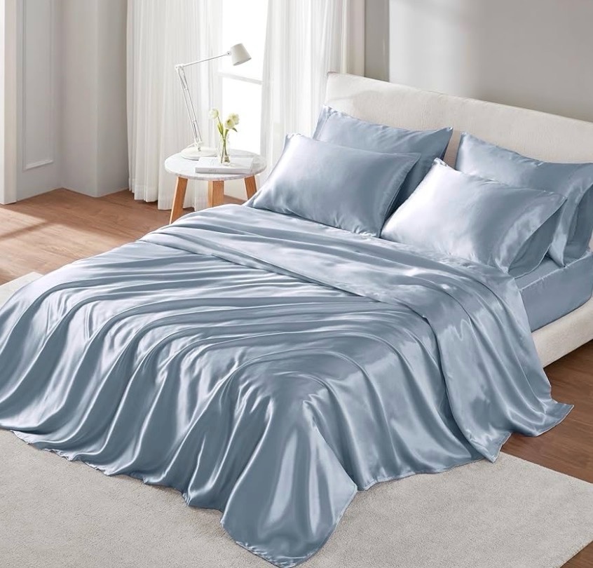Madison Park Satin Sheets Full Size, Luxurious Silky Bed Sheets, Elastic 14 Pocket fits up to 16 Mattress, Wrinkle-Free, Soft Satin Bed Sheet Set, Blue