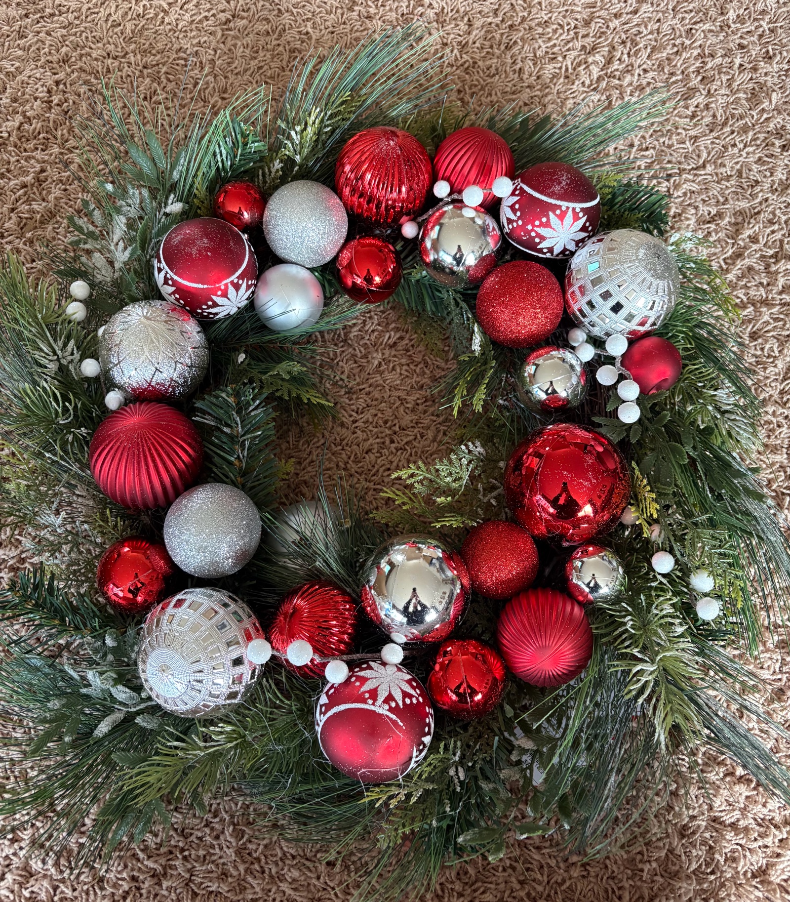 New in Box Christmas Wreath With Red and Gray Holiday Balls