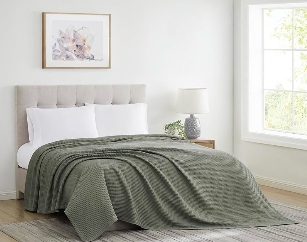 CANNON Heritage Cotton Waffle Green Cotton 1-Piece FullQueen Blanket, Light Weight, Solid Color Themed, for Men and Women, Oeko-TEX Certified Confidence