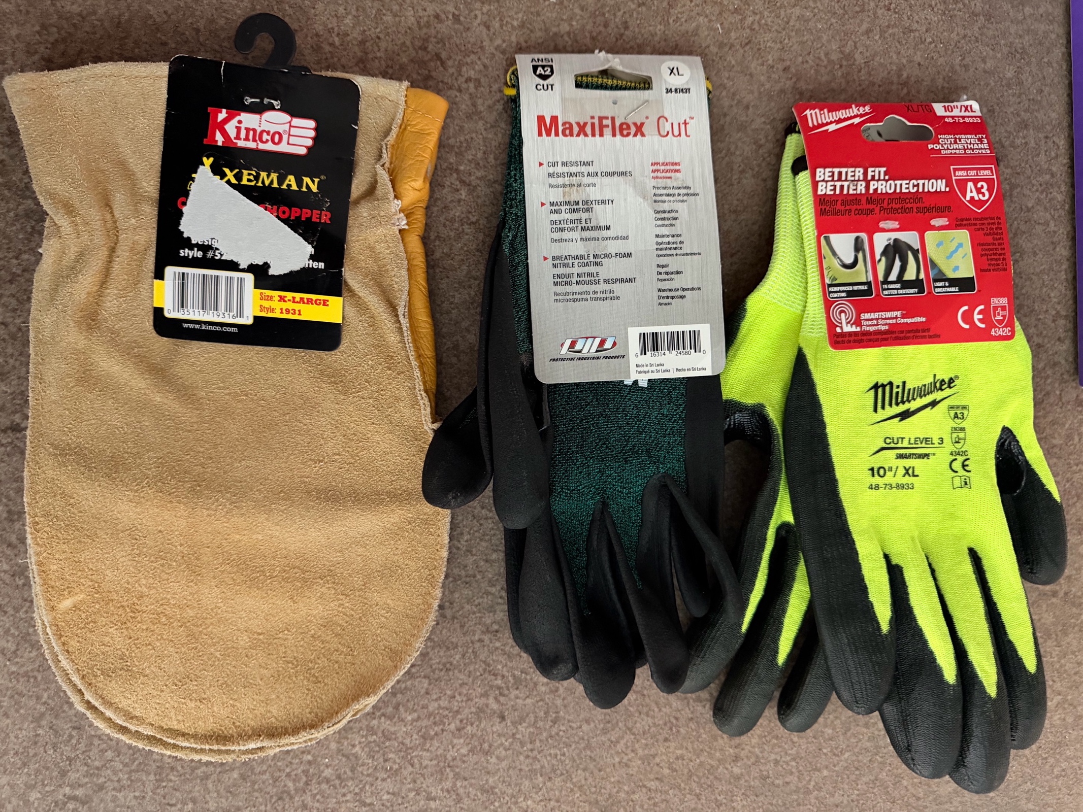 Lot of New XL Milwaukee, PIP & Kinco work gloves for men