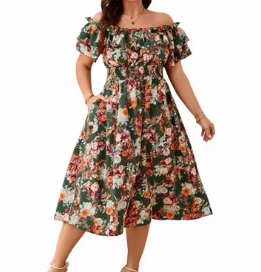 New 2xl womans green floral off the shoulder dress