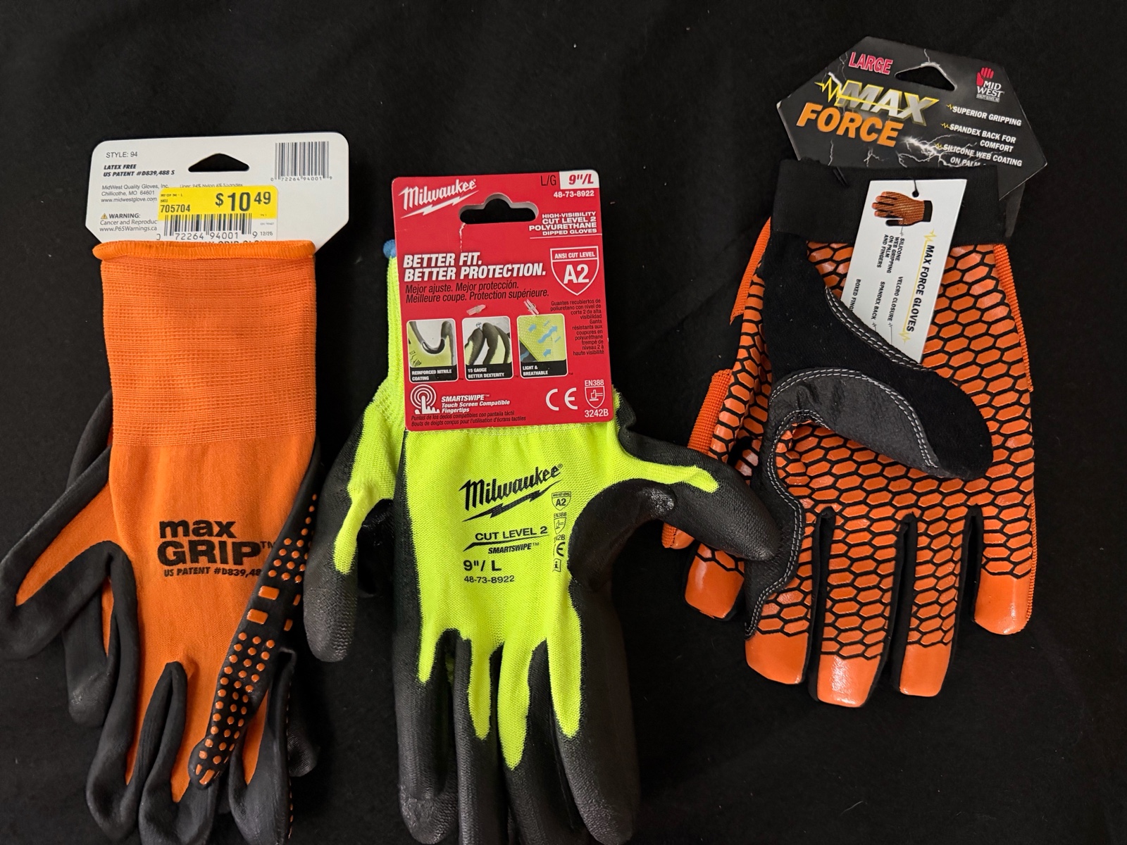 Lot of New Large mens work gloves - Max grip & Milwaukee