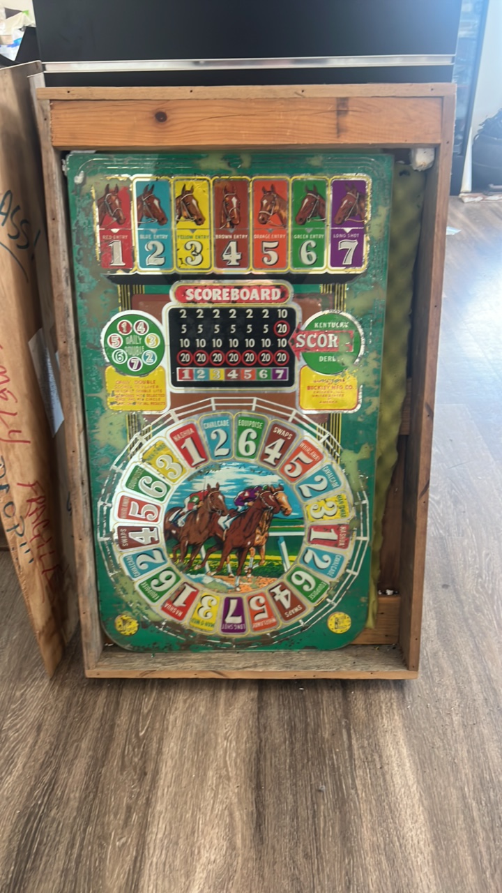 1930s-1940s Kentucky derby slot machine back glass