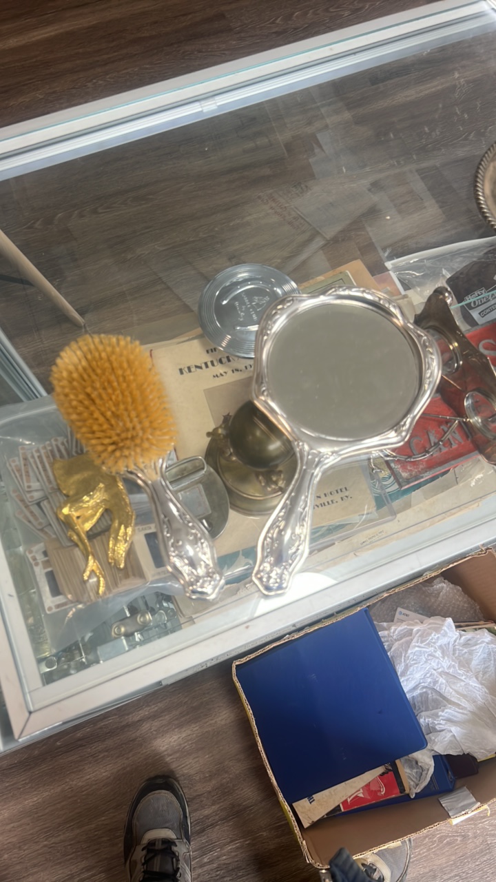 antique brush and mirror set marked German silver