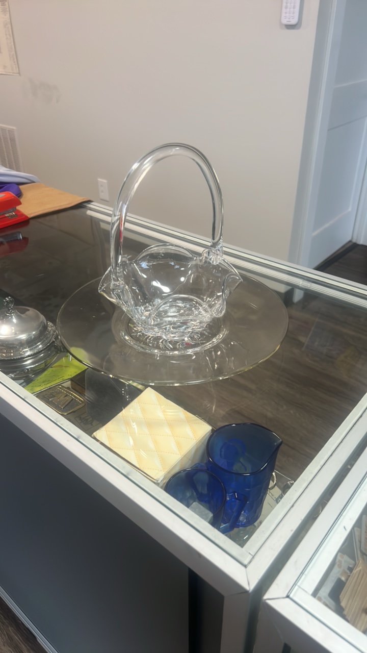 vintage glass basket and floral design platter