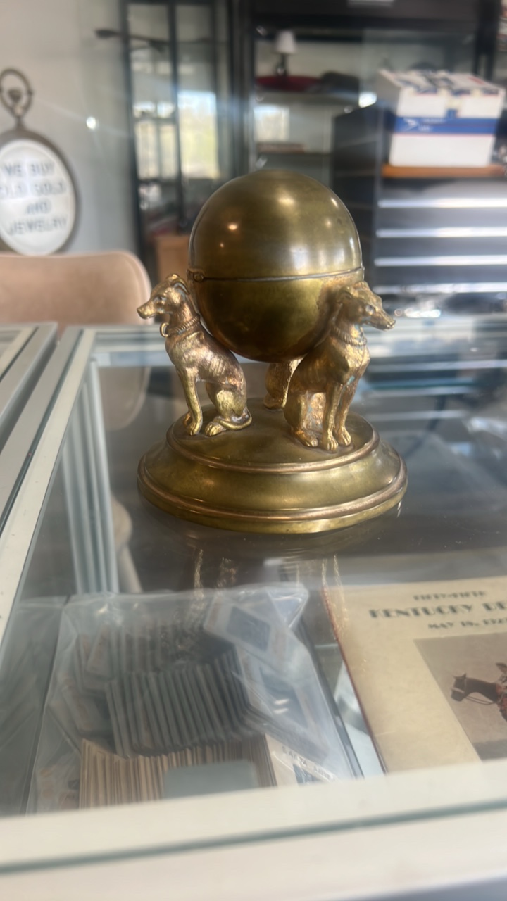 brass dog themed inkwell