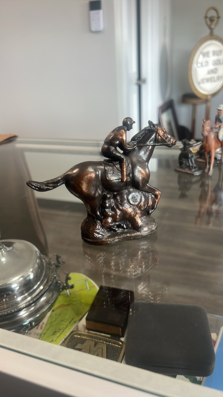 vintage copper horse racing themed statuette
