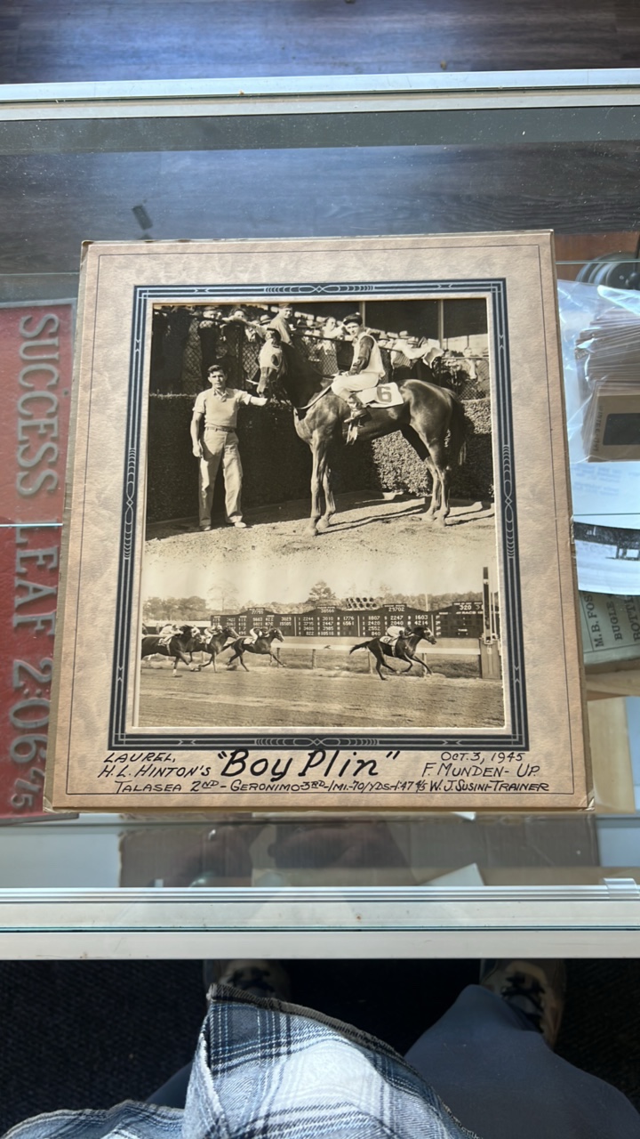 1945 boy plin horse racing photograph