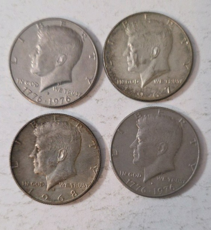 1967 and 1968 Kennedy Silver Half Dollars.  2 Bicentennial Kennedy Half Dollars.
