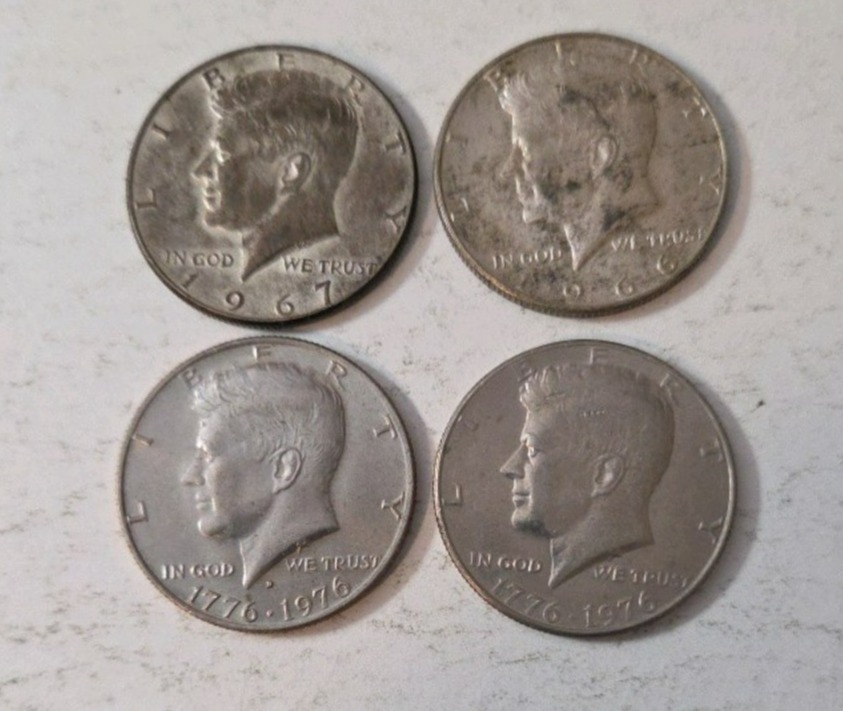 1966 and 1967 Kennedy Silver Half Dollars.  2 Bicentennial Kenney Half Dollars.
