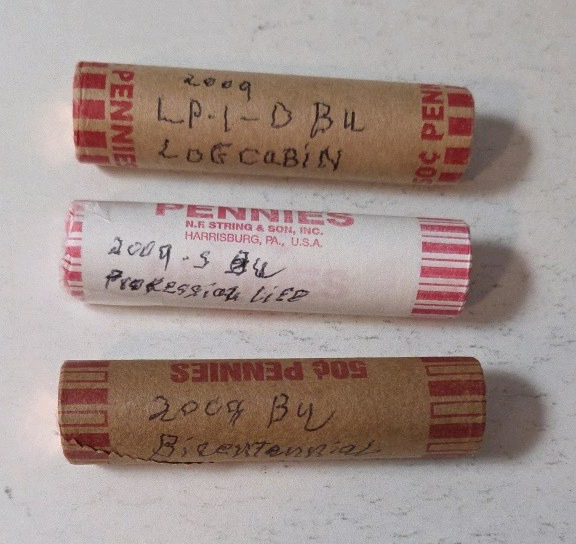 3 Rolls - 2009 Bicentennial Series Lincoln Cents (2009-D-BU-LogCabin)(2009-S-BU-Professional Life) (2009-S-BU-Bicentennial) - UNC.