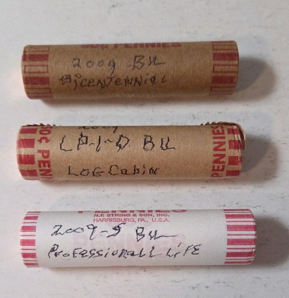 3 Rolls - 2009 Bicentennial Series Lincoln Cents (2009-D-BU-LogCabin)(2009-S-BU-Professional Life) (2009-S-BU-Bicentennial) - UNC.