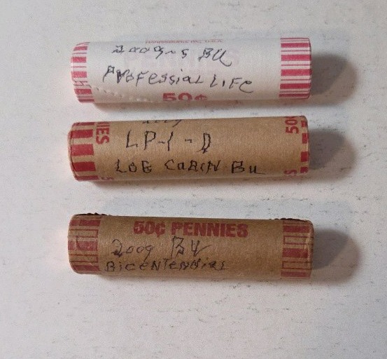 3 Rolls - 2009 Bicentennial Series Lincoln Cents (2009-D-BU-LogCabin)(2009-S-BU-Professional Life) (2009-S-BU-Bicentennial) - UNC.
