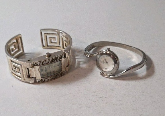 Vintage Bangle Cuff Fashion Watch with a Silver-Toned Metal Band and White Dial and a Geneva Platinum Branded Womens Fashion Bangle Cuff Watch- Both Working
