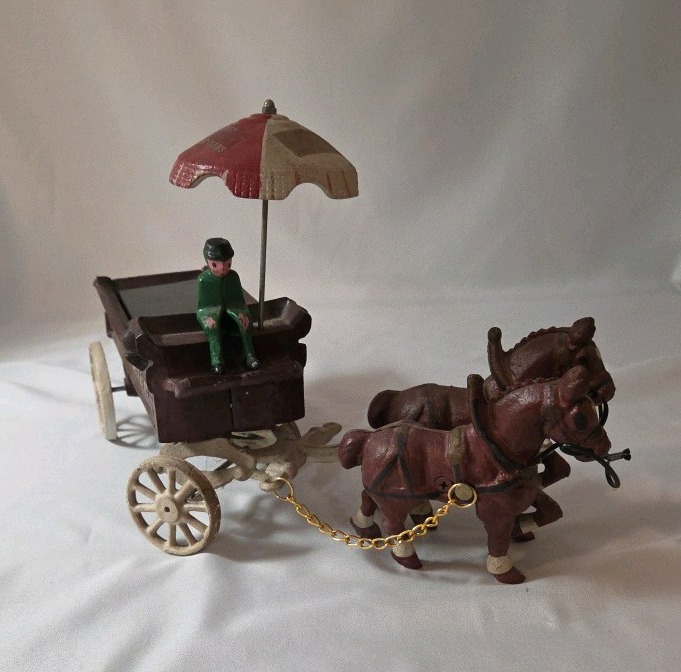 Vintage Cast Iron Fruits &amp Vegetables Wagon wHorses - Sunny Brook Farms - 14 L x 5 H x 5W-&nbsp CAST IRON-VERY COLLECTIBLE