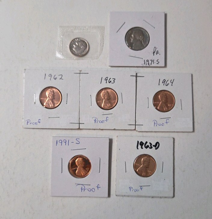 Proof Coins (1991S, 1963D, 1962,1963,1964 Lincoln Cent, 1971S Nickel, 1985D Roosevelt Dime)