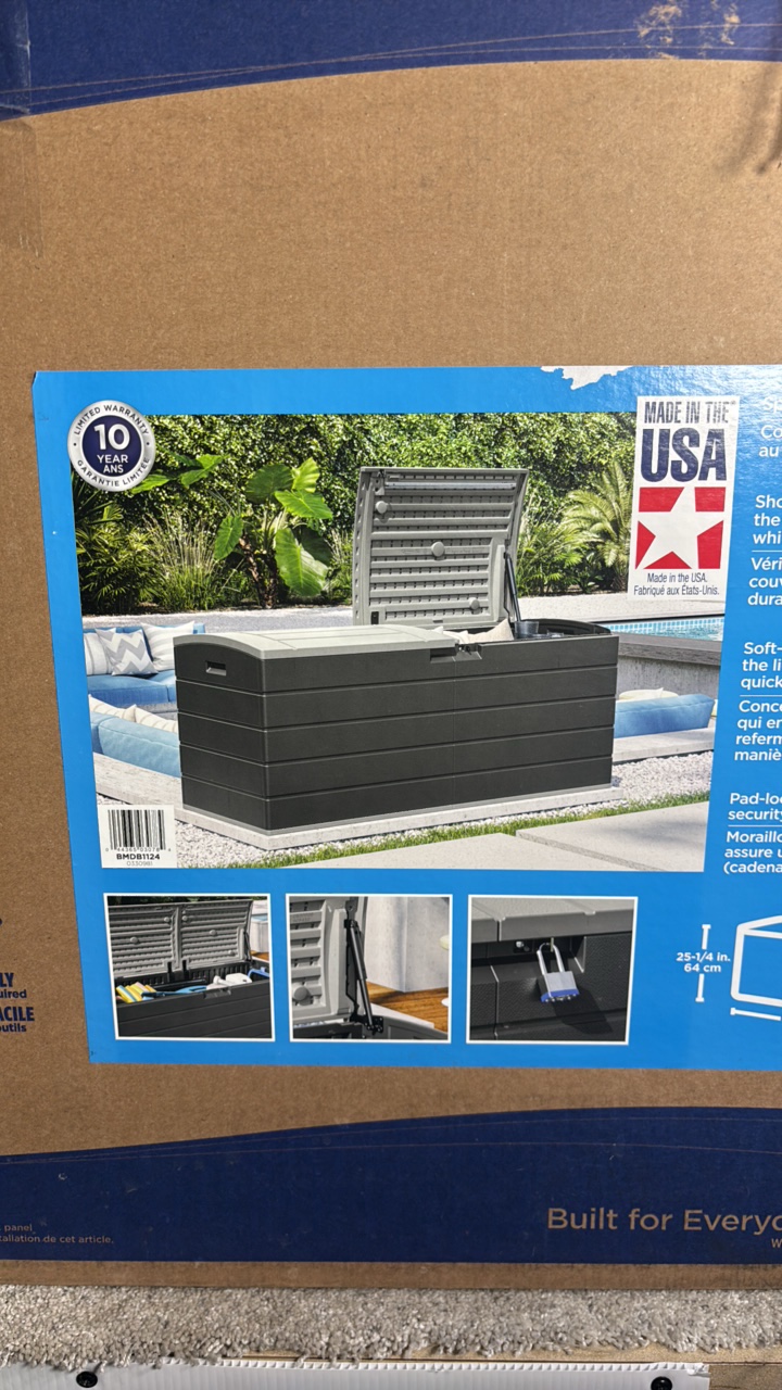 Suncast 120 Gallon Split Lid Extra Large Deck Box - MSRP $160